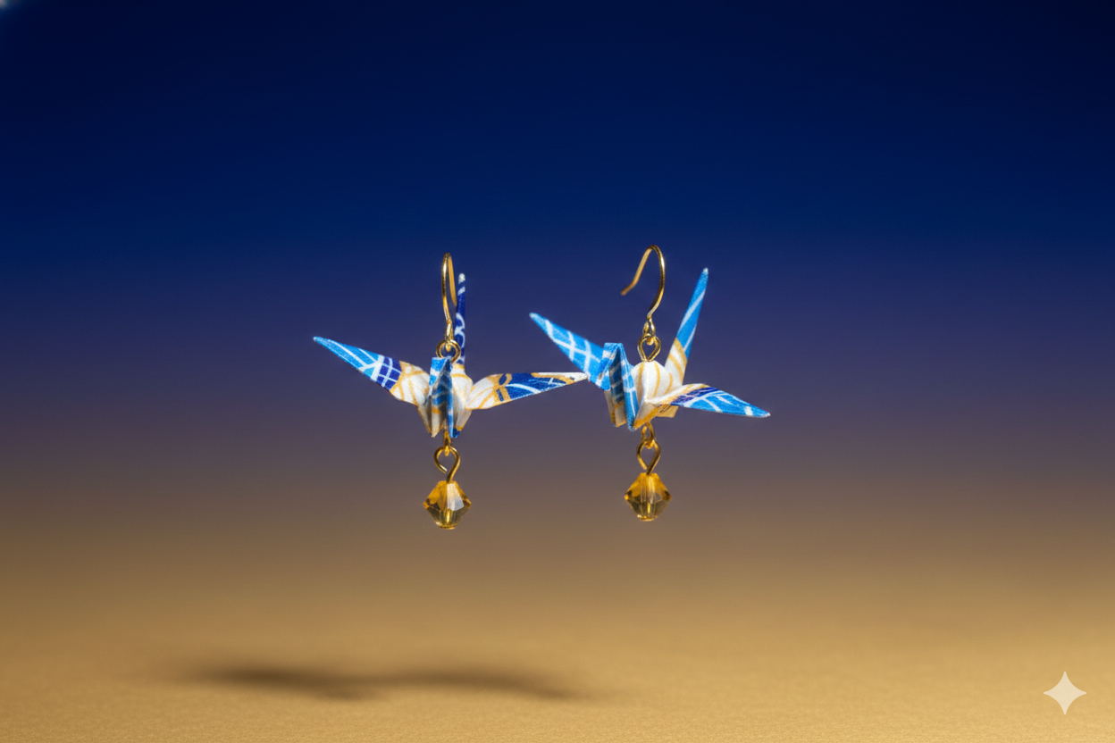 Blue and yellow origami crane earrings