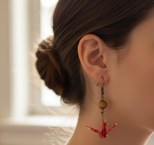 Crimson & Bronze Origami Crane Earrings - Resin Coated with Stone Bead Accents