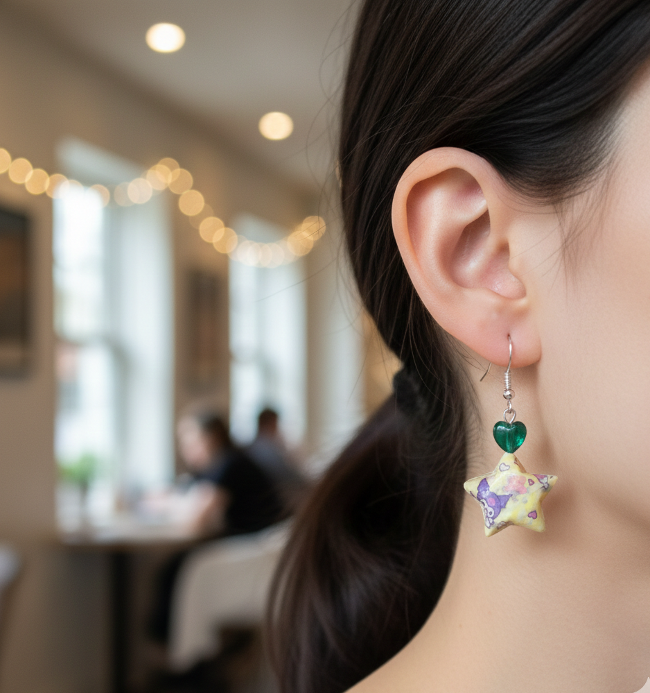 Yellow green Star origami earrings