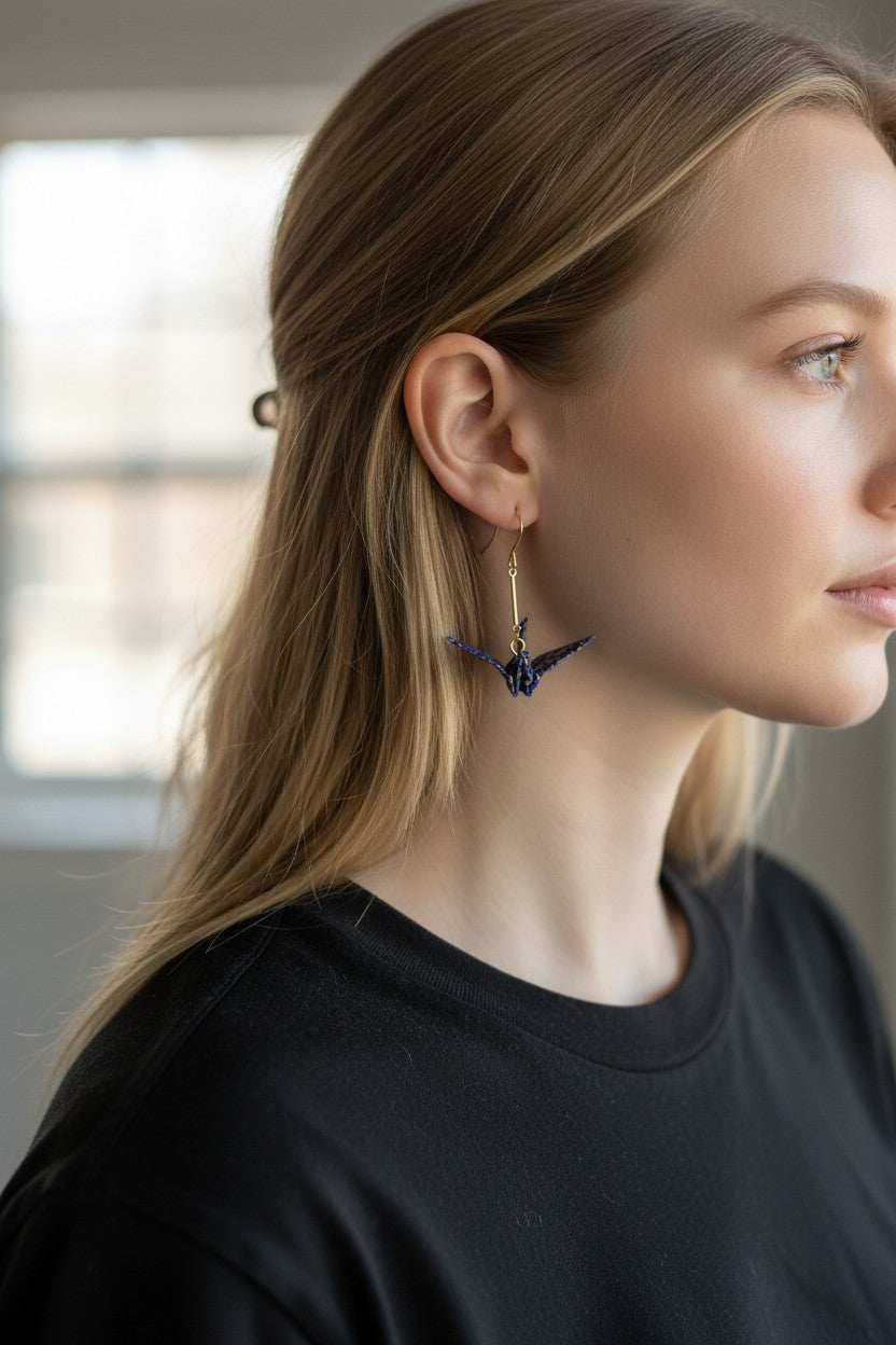 Blue and Gold Crane Earrings