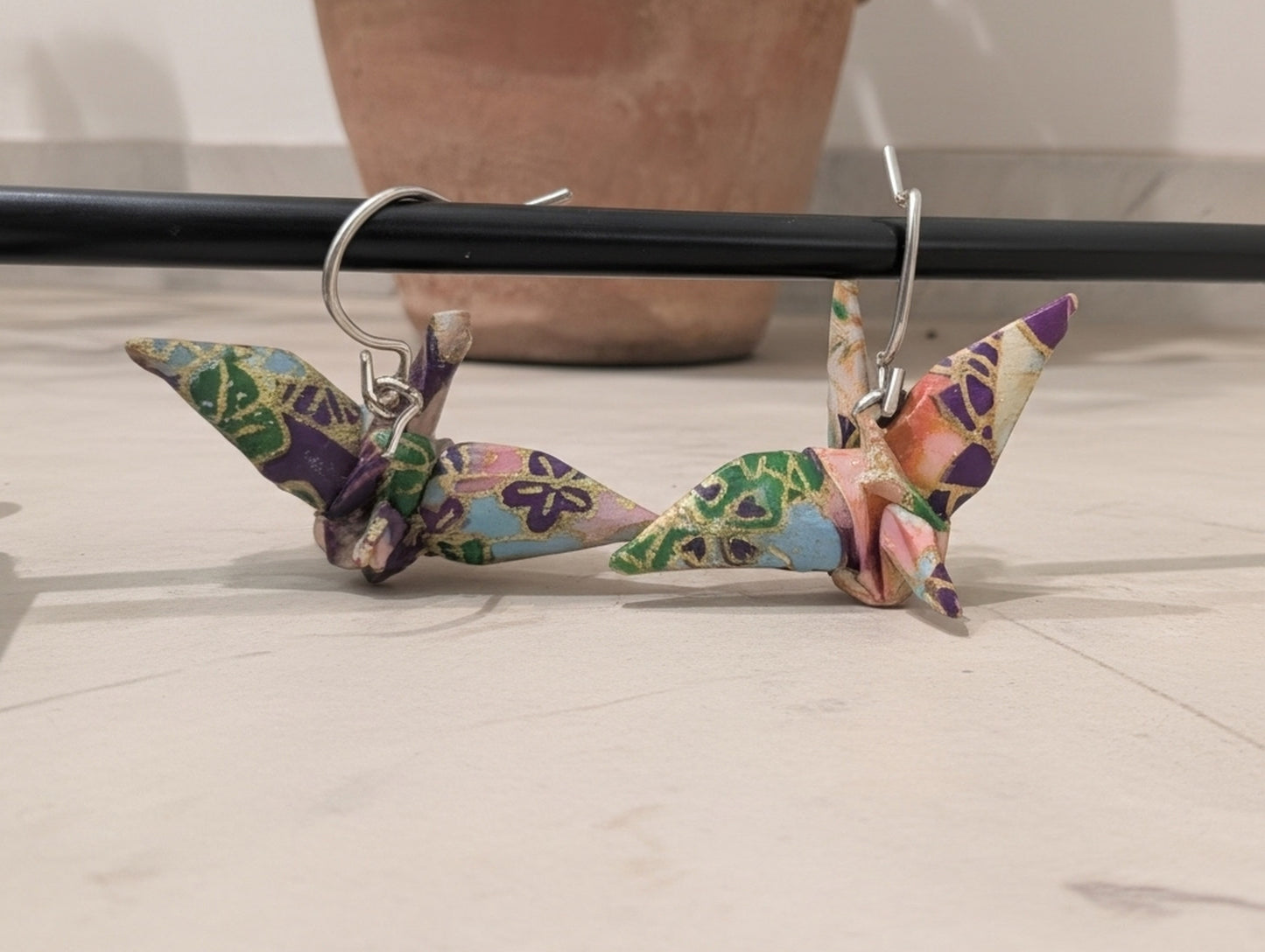 Origami Crane earrings pink and purple