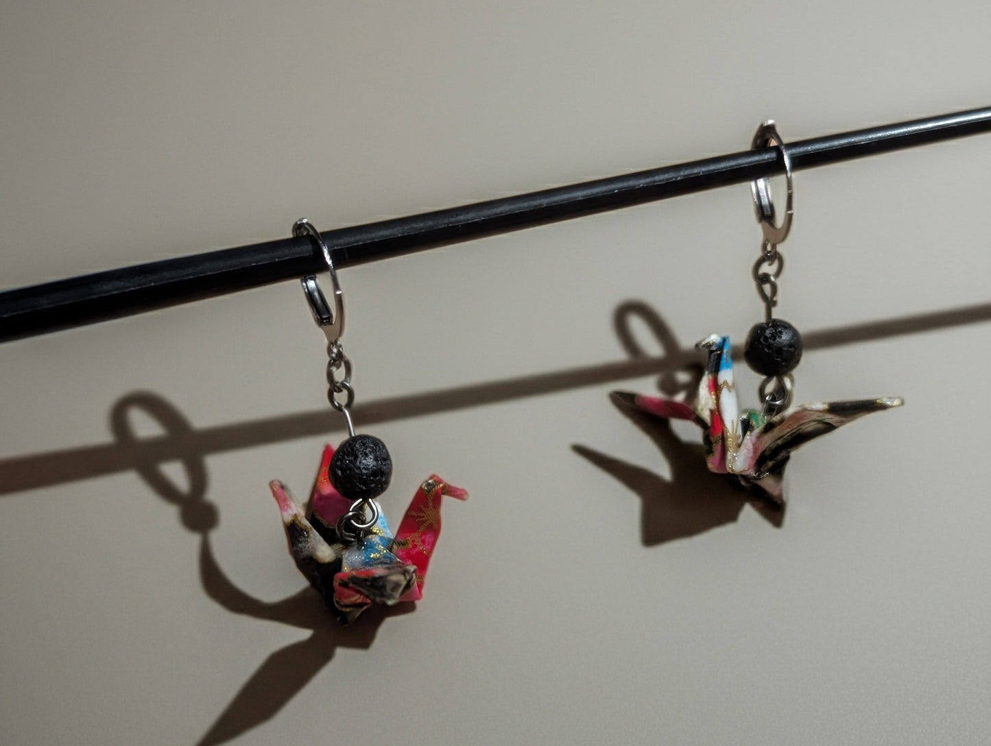Red black origami crane earrings