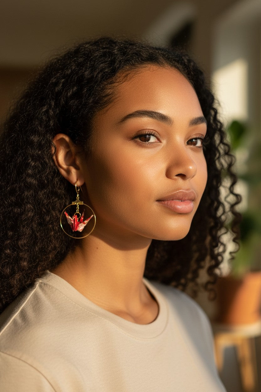 Cherry Blossom Origami Crane Hoop Earrings - Resin Coated Statement Jewelry