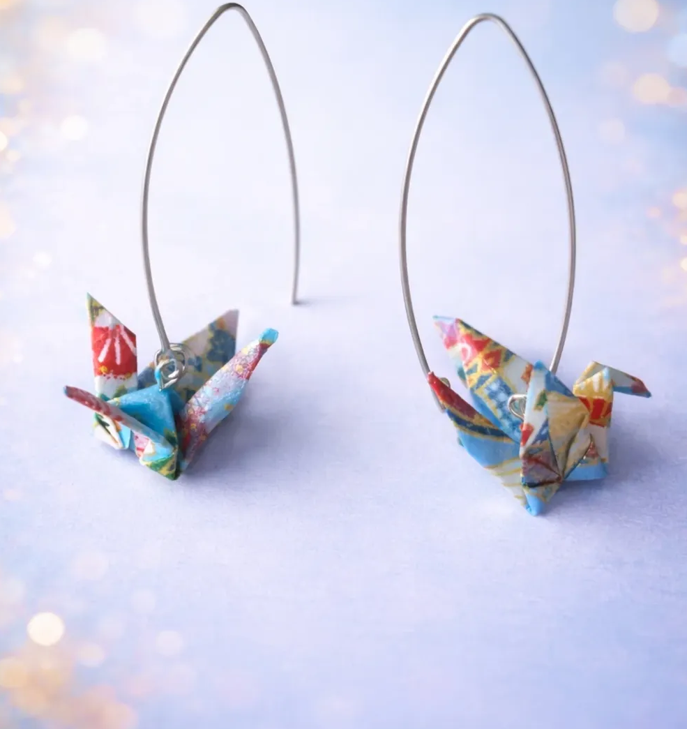 Long Blue origami crane earrings