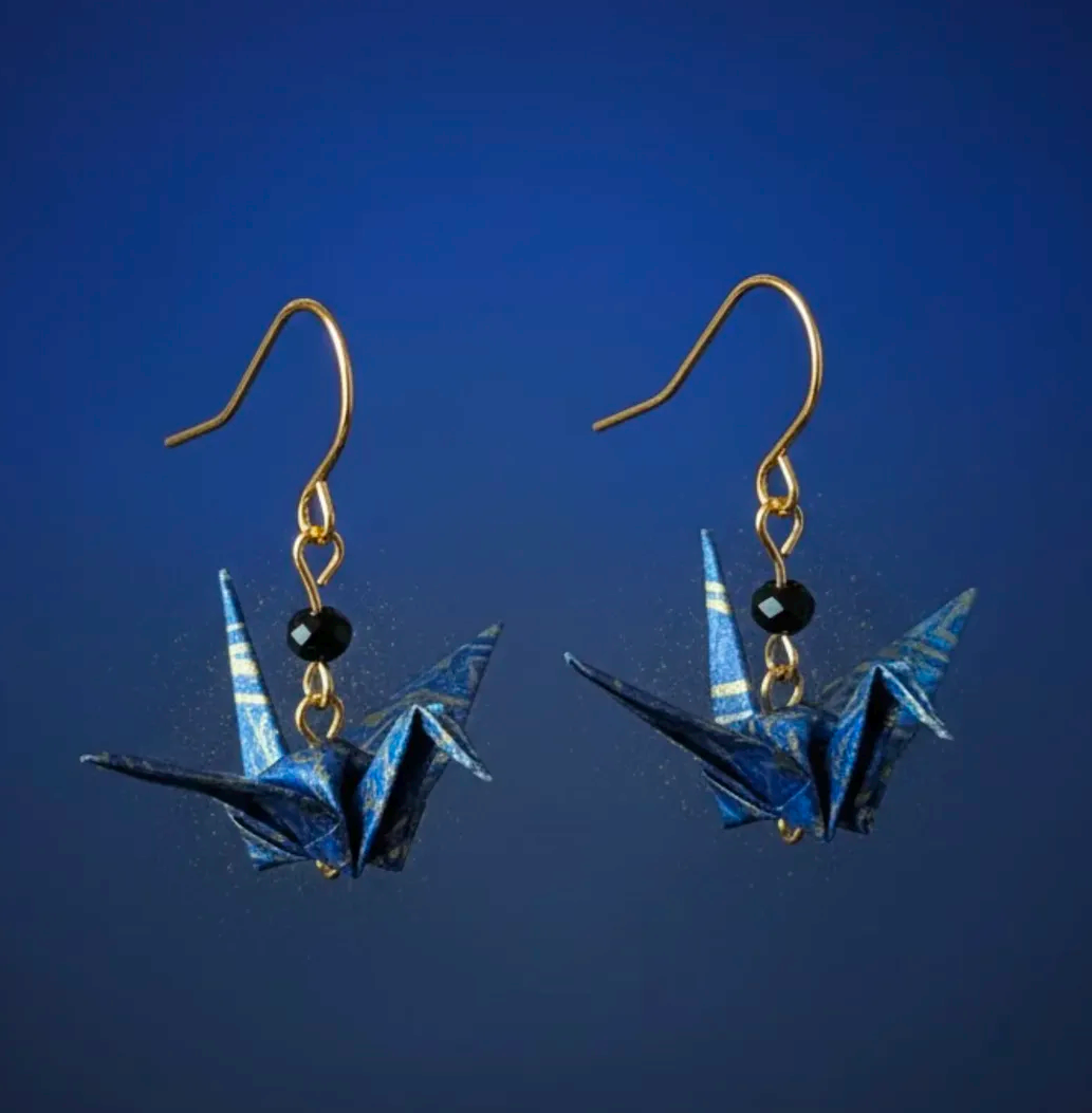 Blue gold origami crane earrings