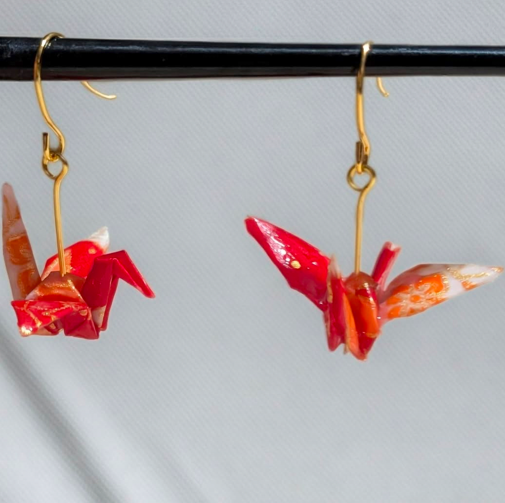 Red origami crane earrings