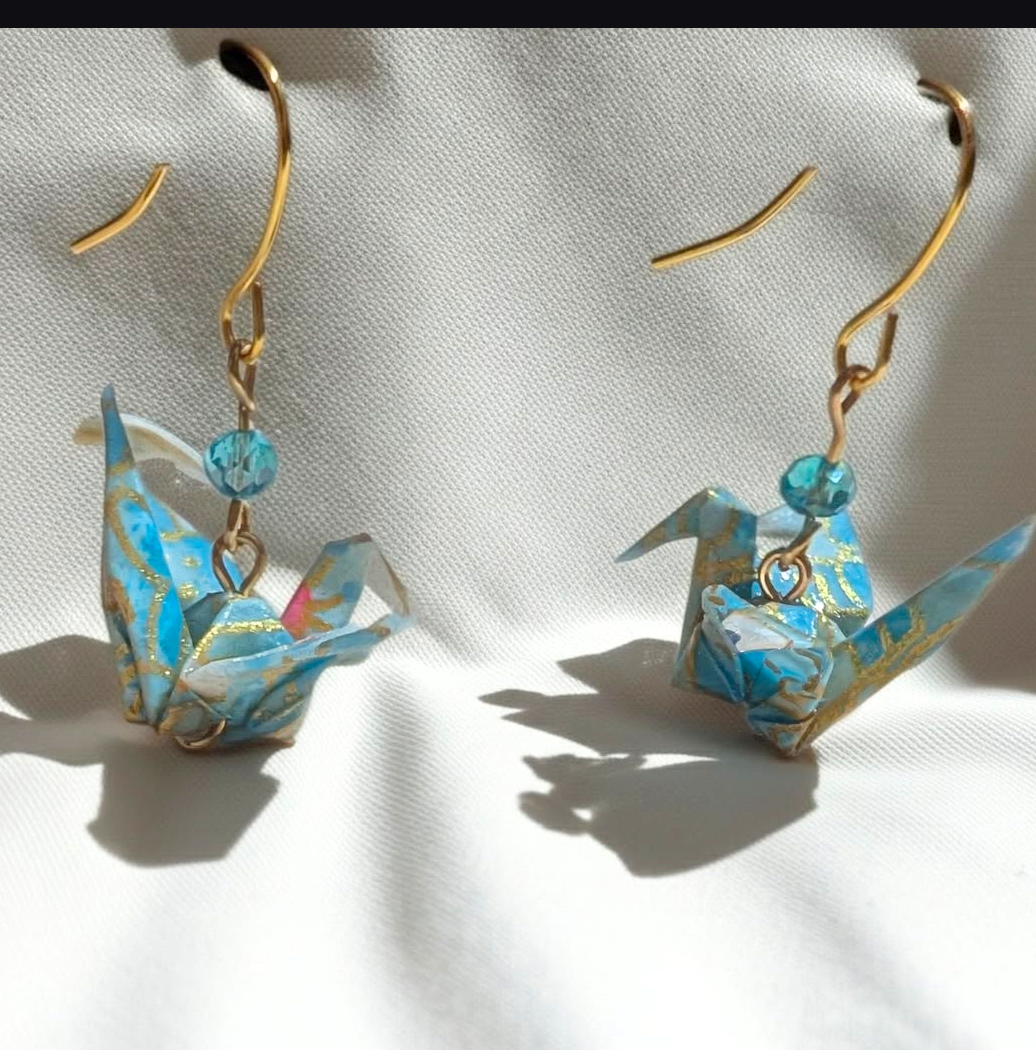 Blue glass and paper origami crane earrings