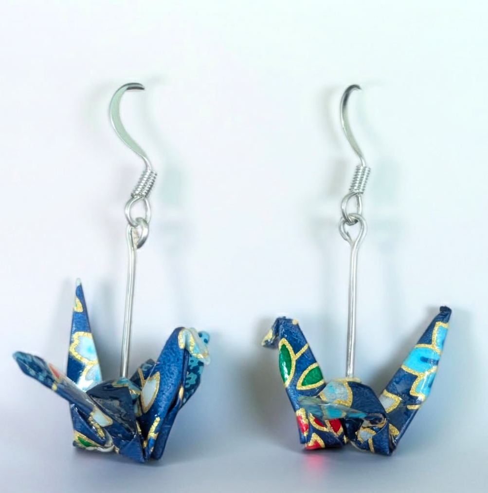 Dark blue origami crane earrings