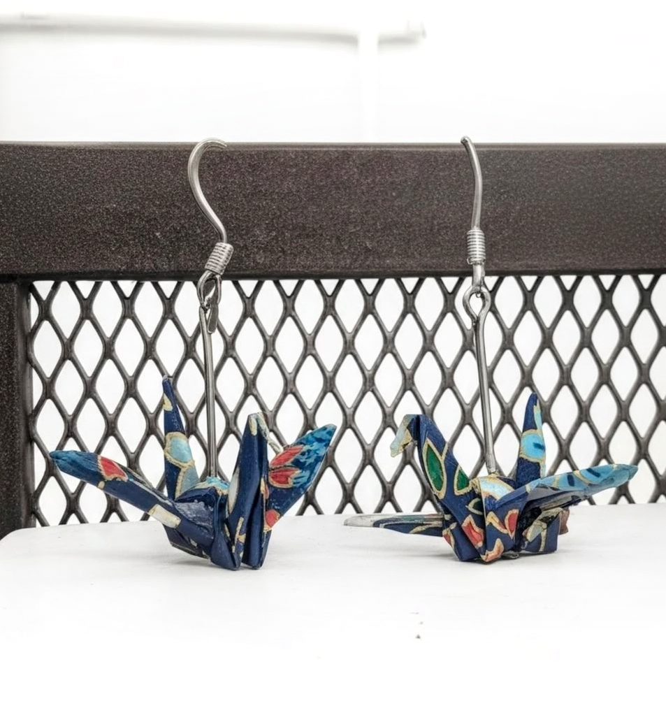 Dark blue and silver Crane earrings