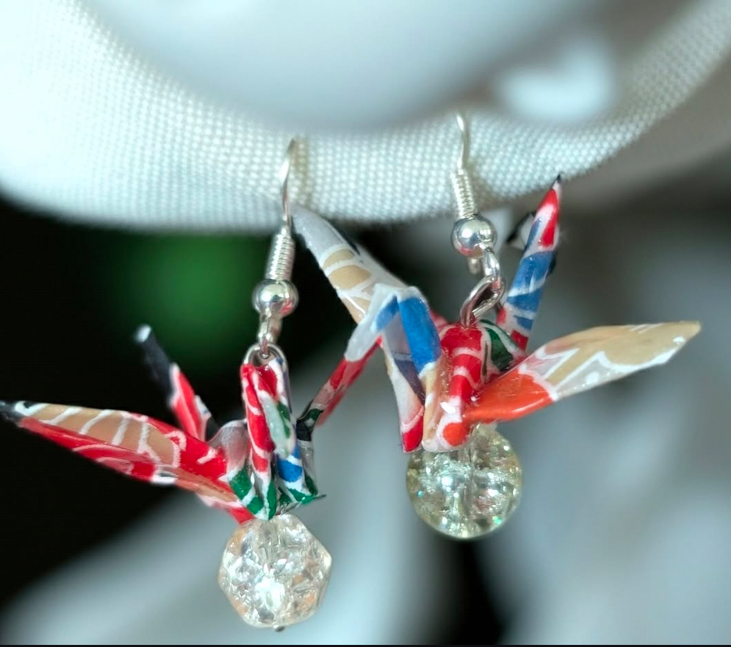 Floral cracked glass origami crane earrings