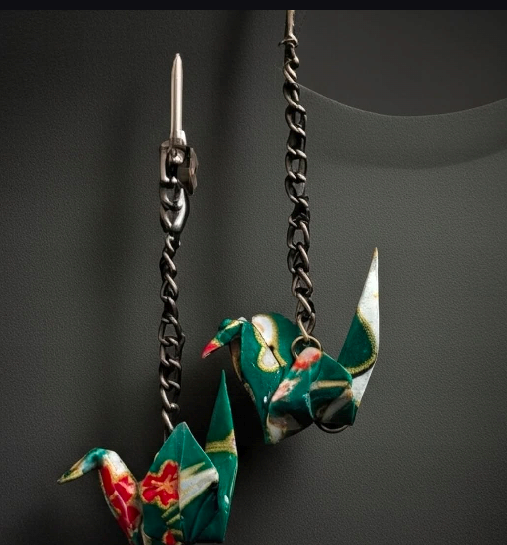 Green and bronze origami crane earrings
