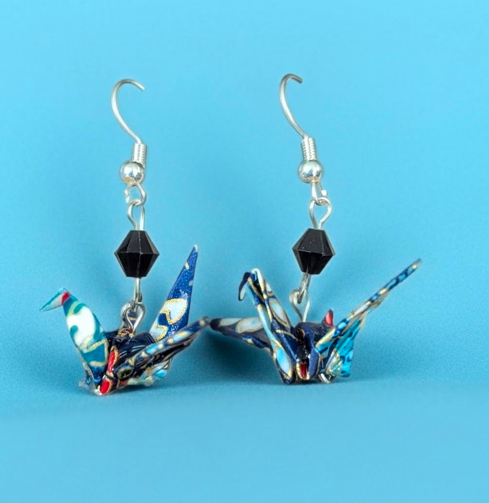 Blue and black crane earrings