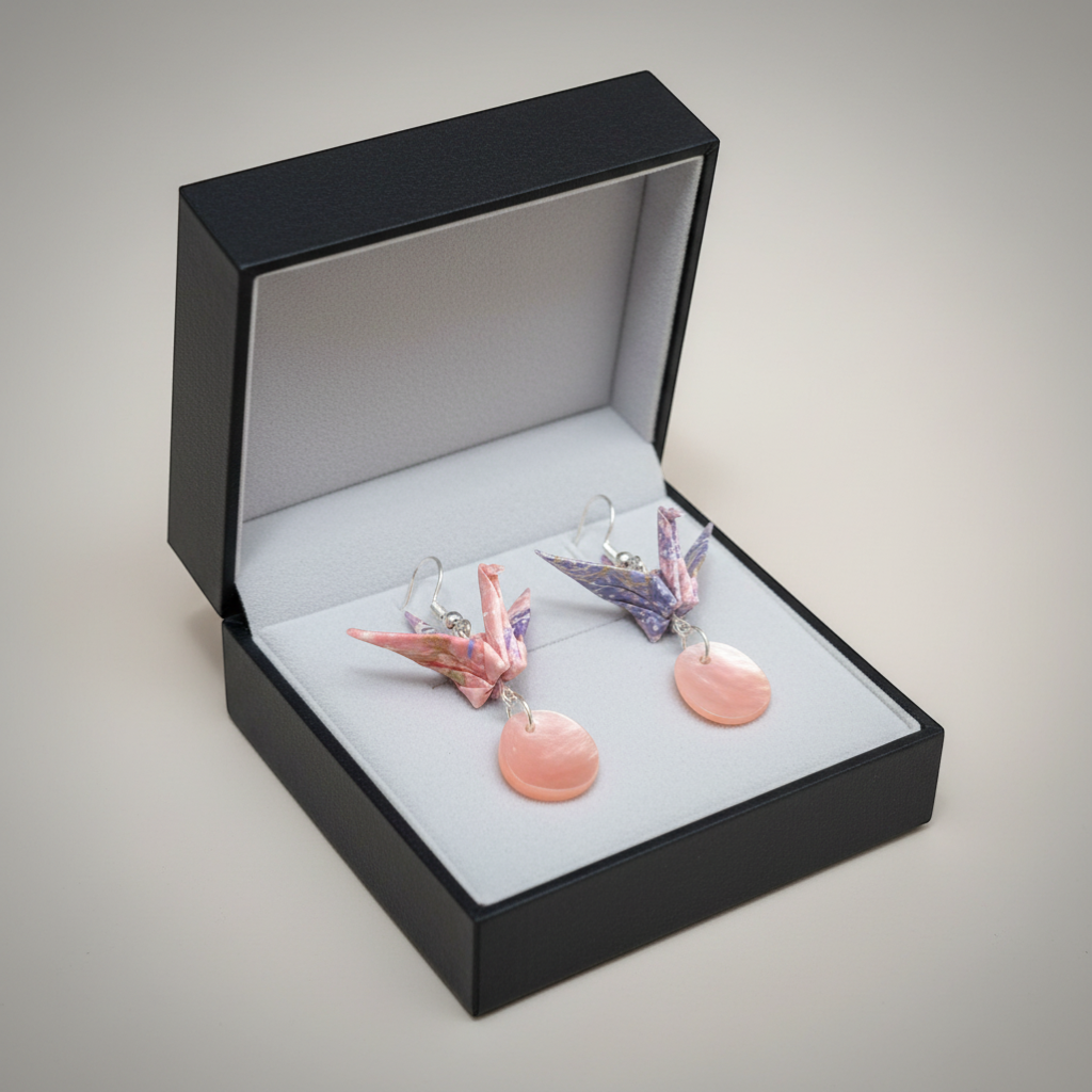 Butter Moon Creations LLCHandmade pink and purple Washi paper origami crane earrings with pink shell charms and silver-tone hooks.