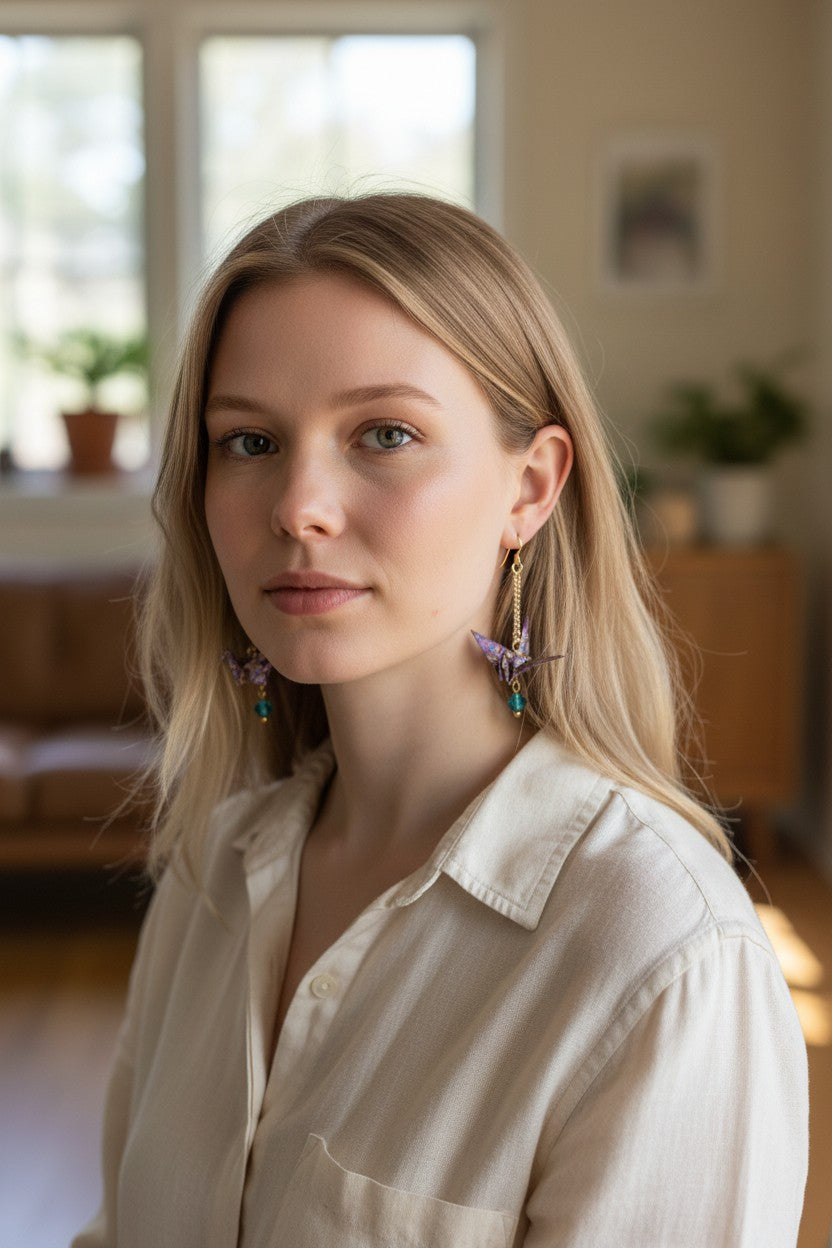 Purple and Teal Origami Crane Earrings - Resin Coated with Crystal Chain Accents