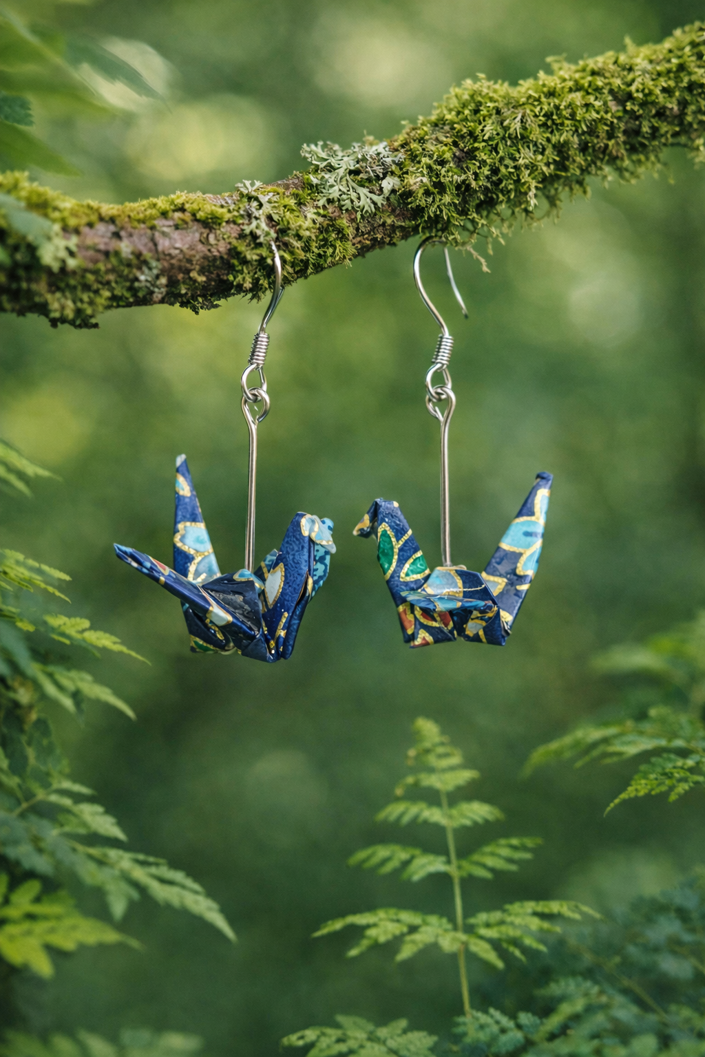 Dark blue origami crane earrings