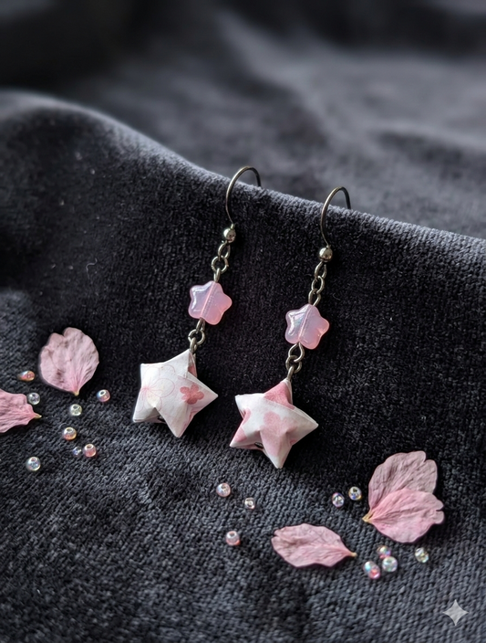 Handmade Cherry Blossom Origami Star Earrings – Soft Pink & White Dangle