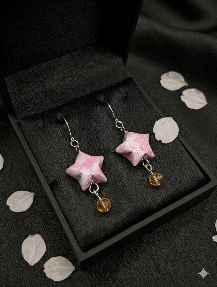 Touch of Spring with Pink Cherry Blossom Origami Star Earrings