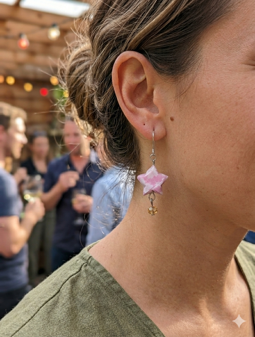 Touch of Spring with Pink Cherry Blossom Origami Star Earrings