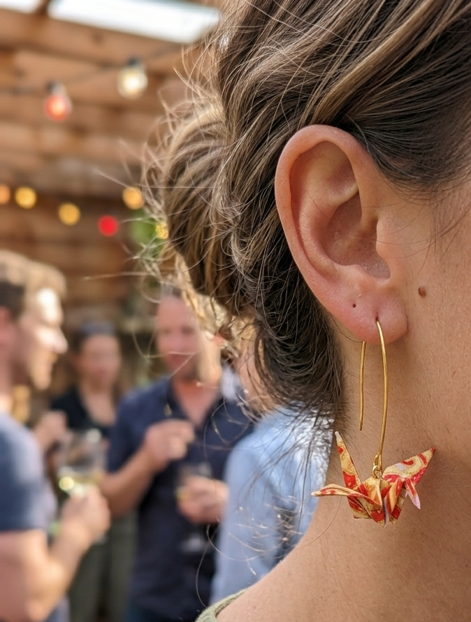 Unique Handcrafted Red & Gold Origami Crane Drop Earrings