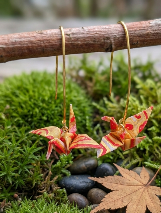 Unique Handcrafted Red & Gold Origami Crane Drop Earrings