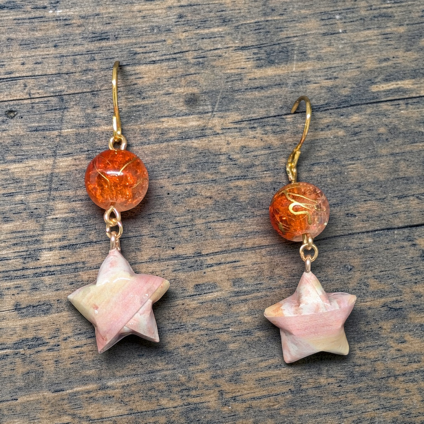Marbled Origami Star Earrings - Orange Crackle Glass & Gold