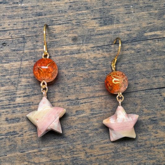 Marbled Origami Star Earrings - Orange Crackle Glass & Gold