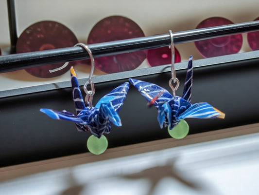 Blue crane origami earrings green glass