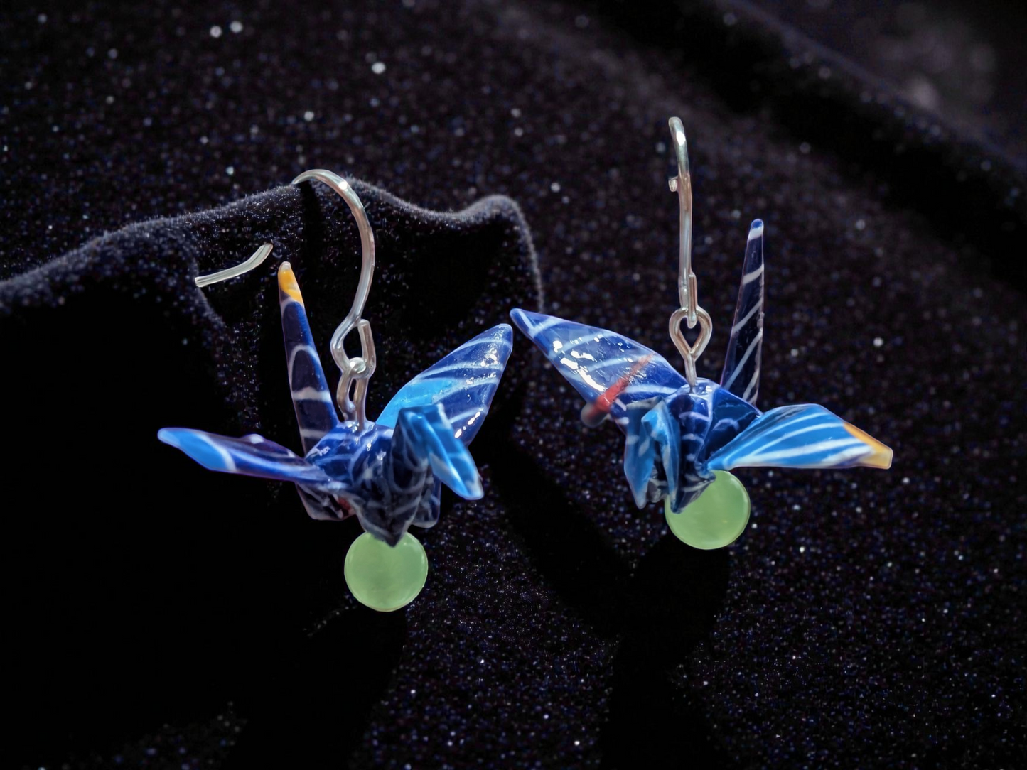 Blue crane origami earrings green glass