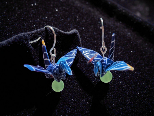 Blue crane origami earrings green glass