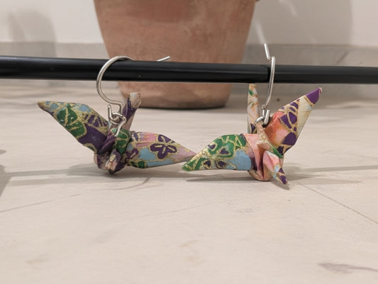 Origami Crane earrings pink and purple