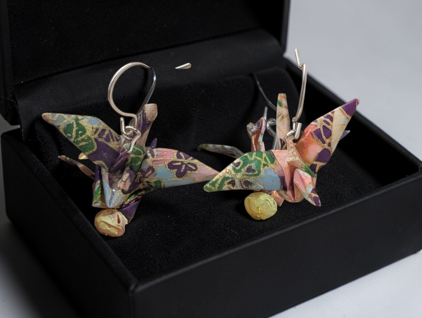 Origami Crane earrings pink and purple