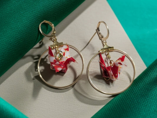 Cherry Blossom Origami Crane Hoop Earrings - Resin Coated Statement Jewelry