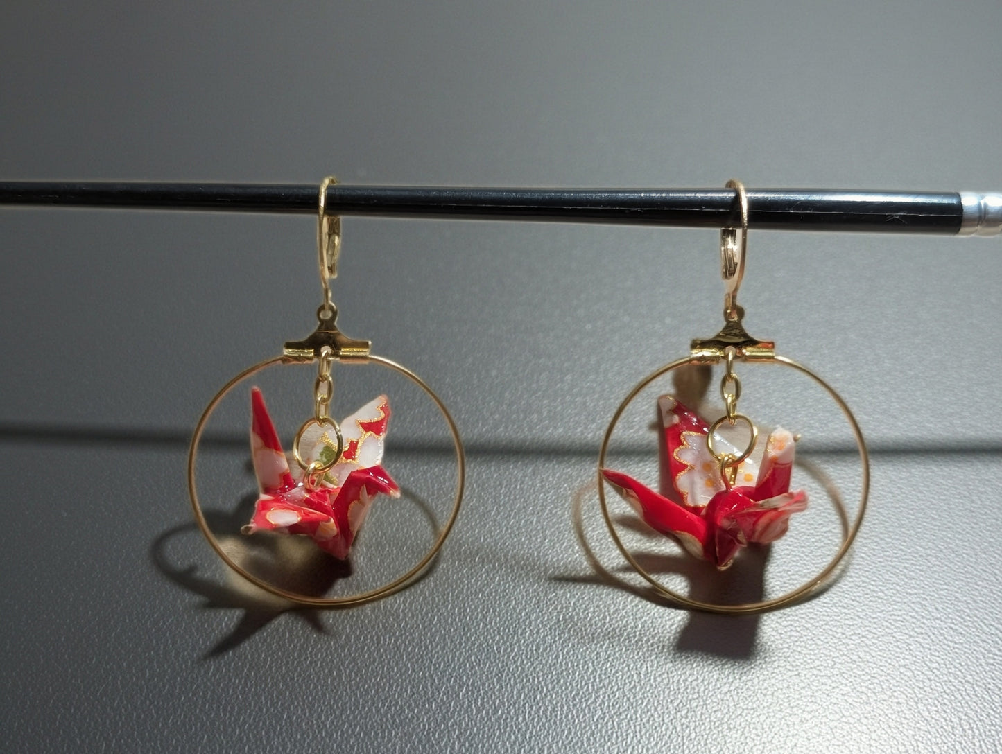 Cherry Blossom Origami Crane Hoop Earrings - Resin Coated Statement Jewelry