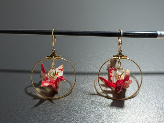 Cherry Blossom Origami Crane Hoop Earrings - Resin Coated Statement Jewelry