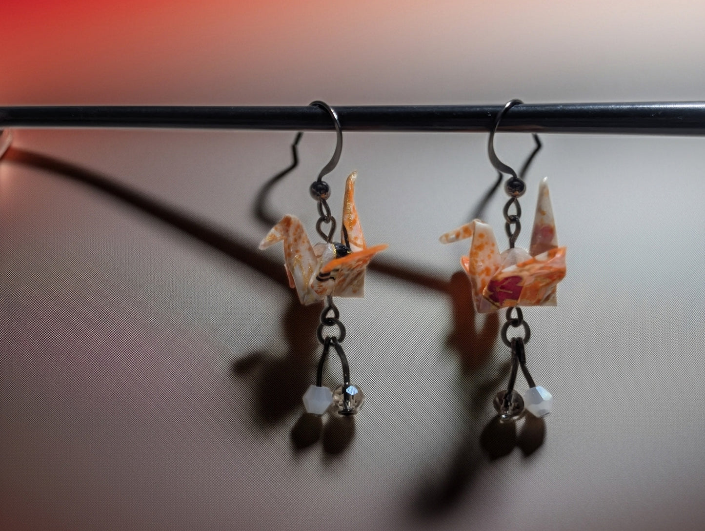 Peaches & Cream Origami Crane Earrings - Resin Coated with Dual Bead Accents