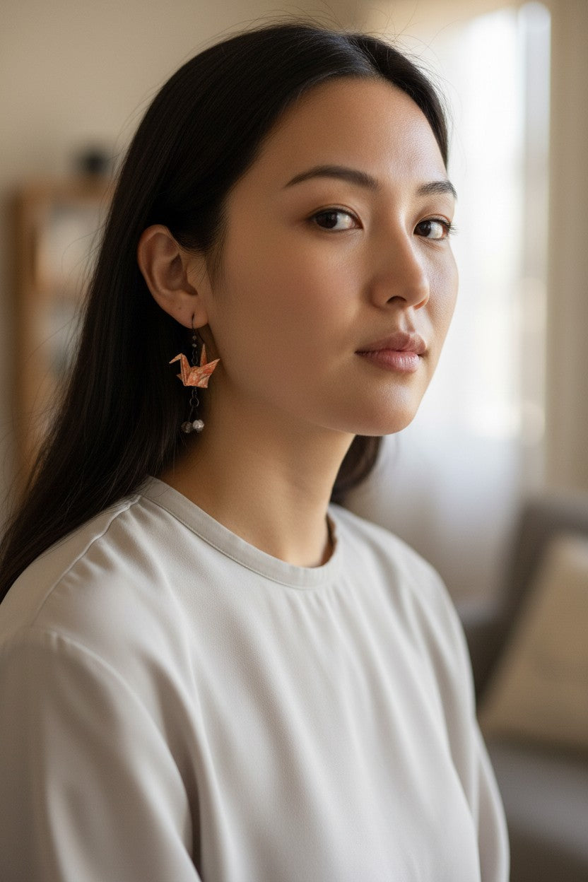 Peaches & Cream Origami Crane Earrings - Resin Coated with Dual Bead Accents