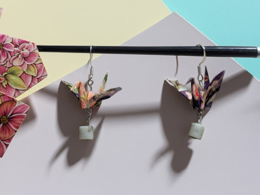 Garden Party Origami Crane Earrings - Resin Coated with Stone Accents