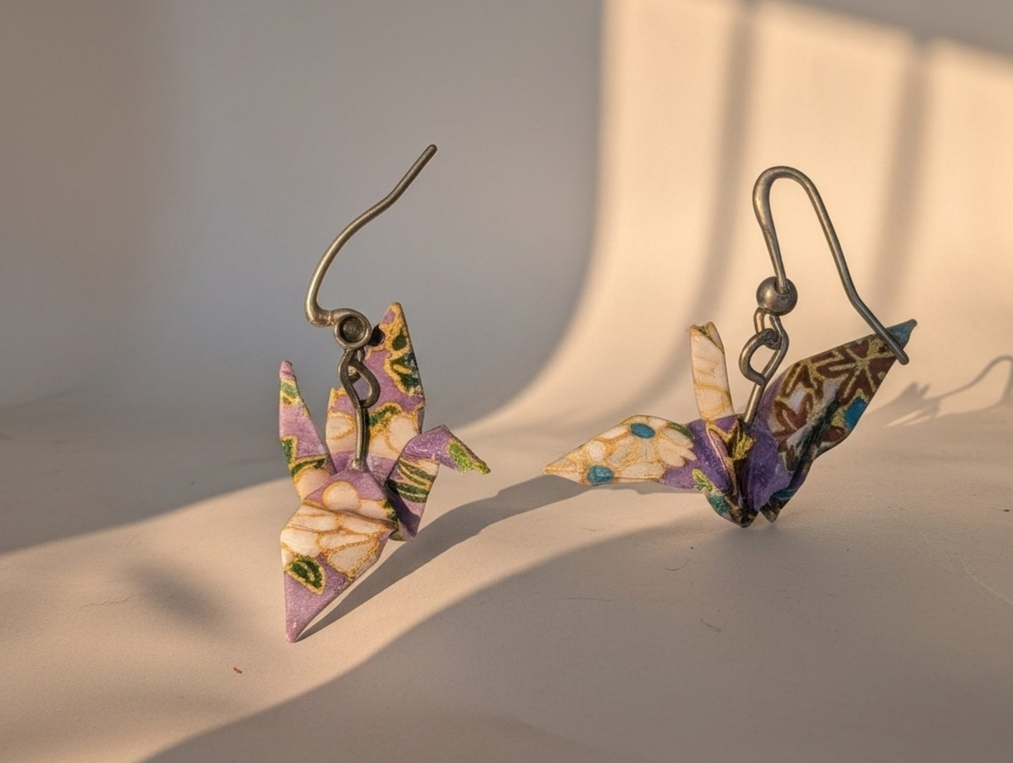 Lavender Dreams Origami Crane Earrings - Resin Coated with Crystal Accents