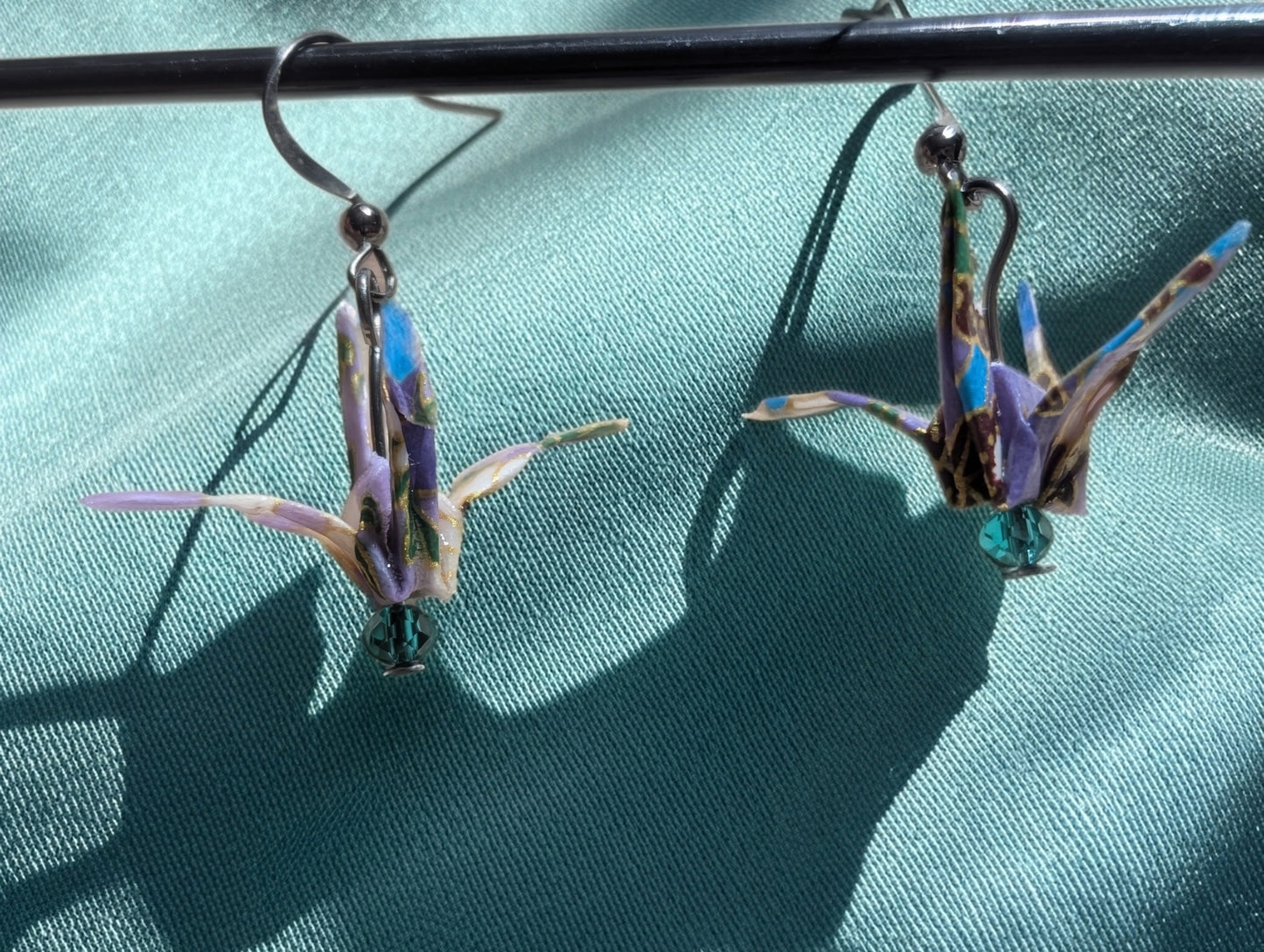 Lavender Dreams Origami Crane Earrings - Resin Coated with Crystal Accents