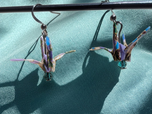 Lavender Dreams Origami Crane Earrings - Resin Coated with Crystal Accents