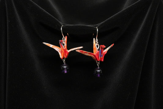 Orange and red, purple accented crane earrings