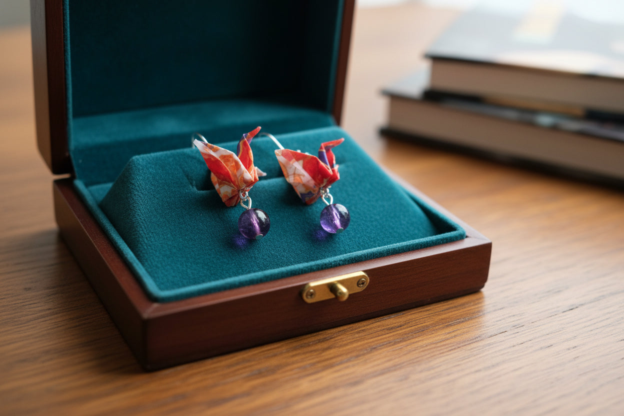 Orange and red, purple accented crane earrings