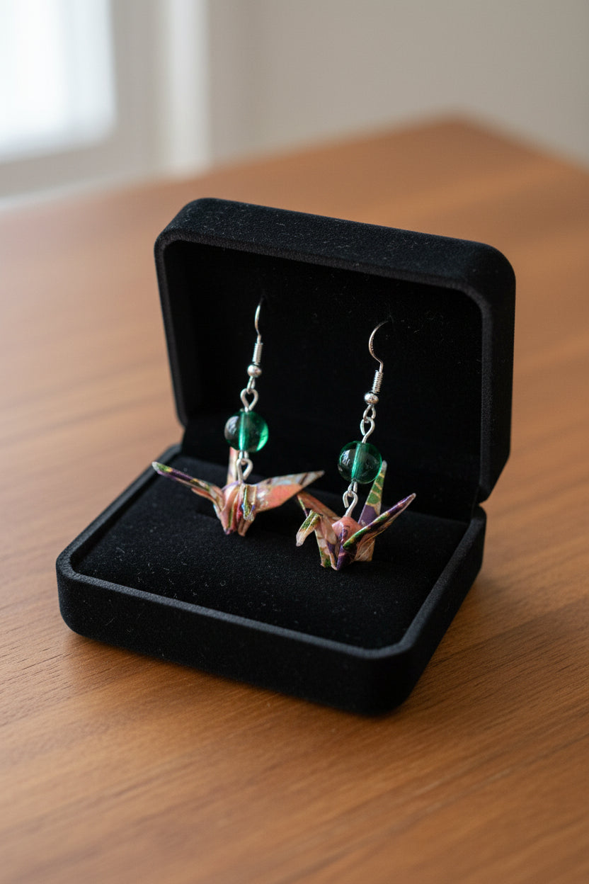 Earrings with colorful bird-shaped charms and green beads on a brown card.
