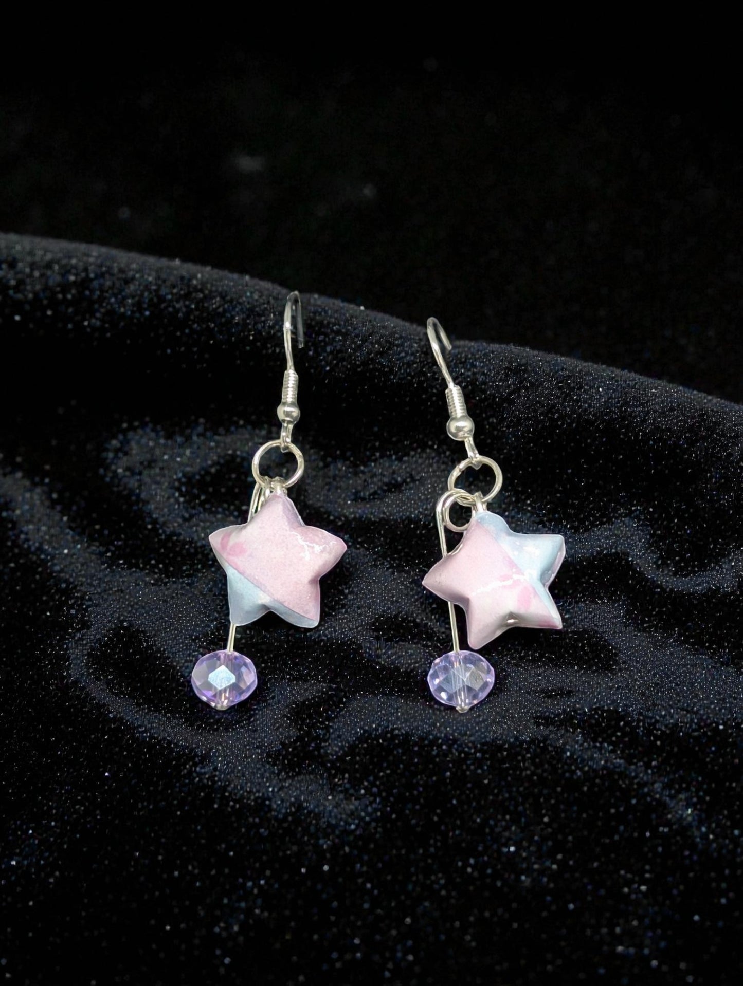 Handmade Pastel Origami Star Earrings - Pink and Blue Celestial Dangle Earrings