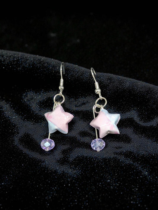 Handmade Pastel Origami Star Earrings - Pink and Blue Celestial Dangle Earrings