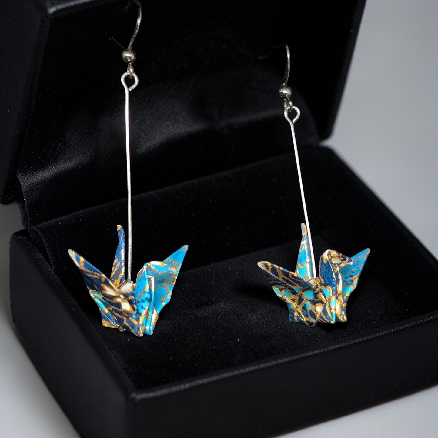 Blue and gold long dangle earrings