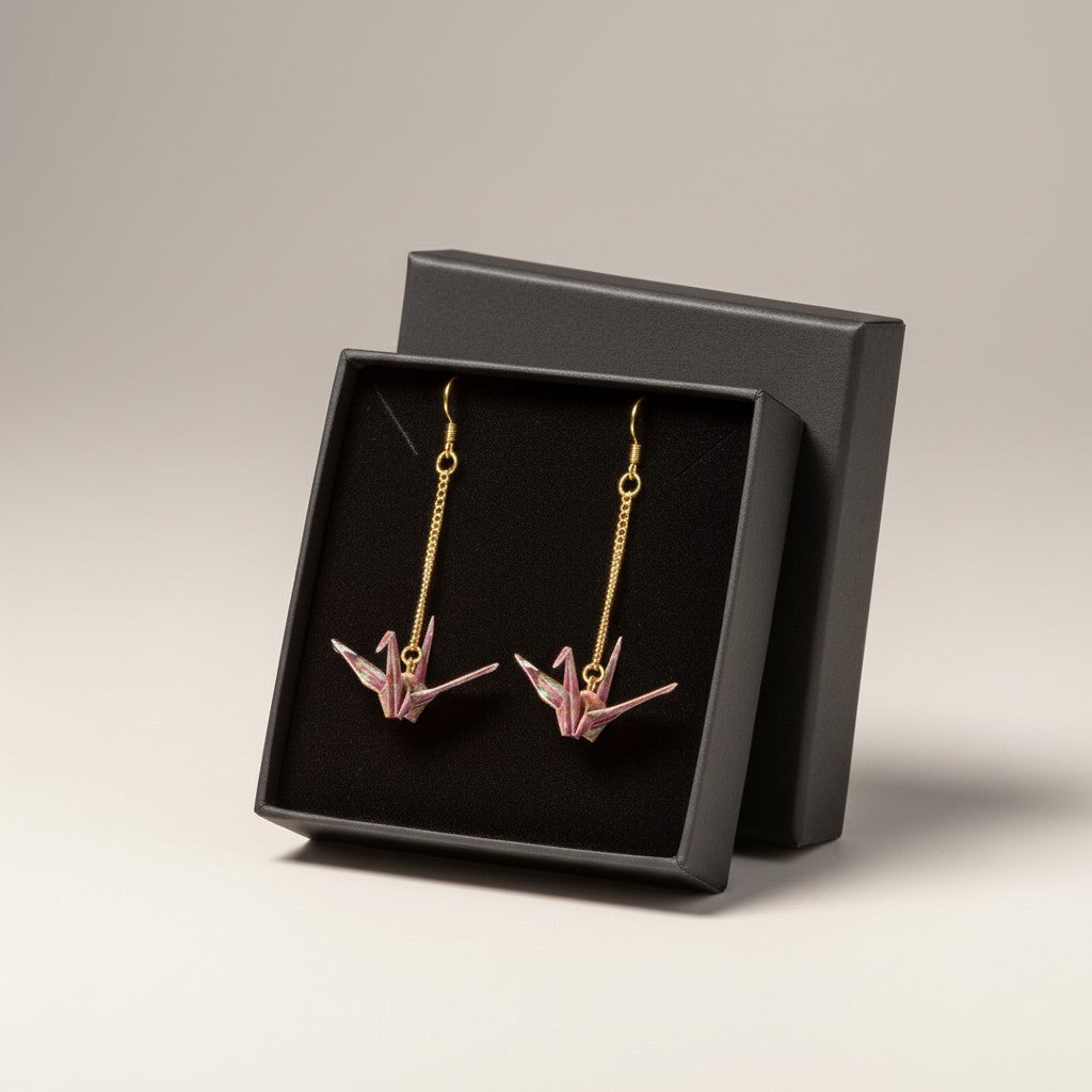 Handmade Japanese Washi Paper Origami Crane Drop Earrings – Purple & Gold Floral Dangle Jewelry