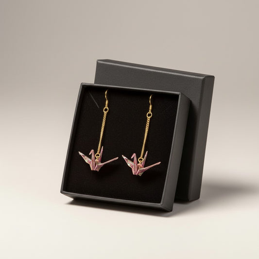 Handmade Japanese Washi Paper Origami Crane Drop Earrings – Purple & Gold Floral Dangle Jewelry