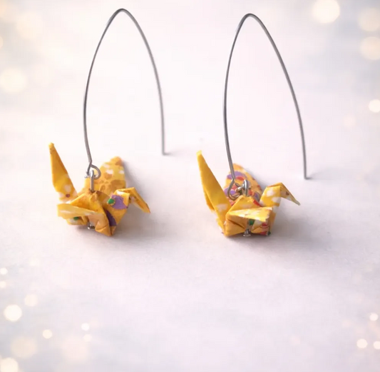 Yellow long origami crane earrings