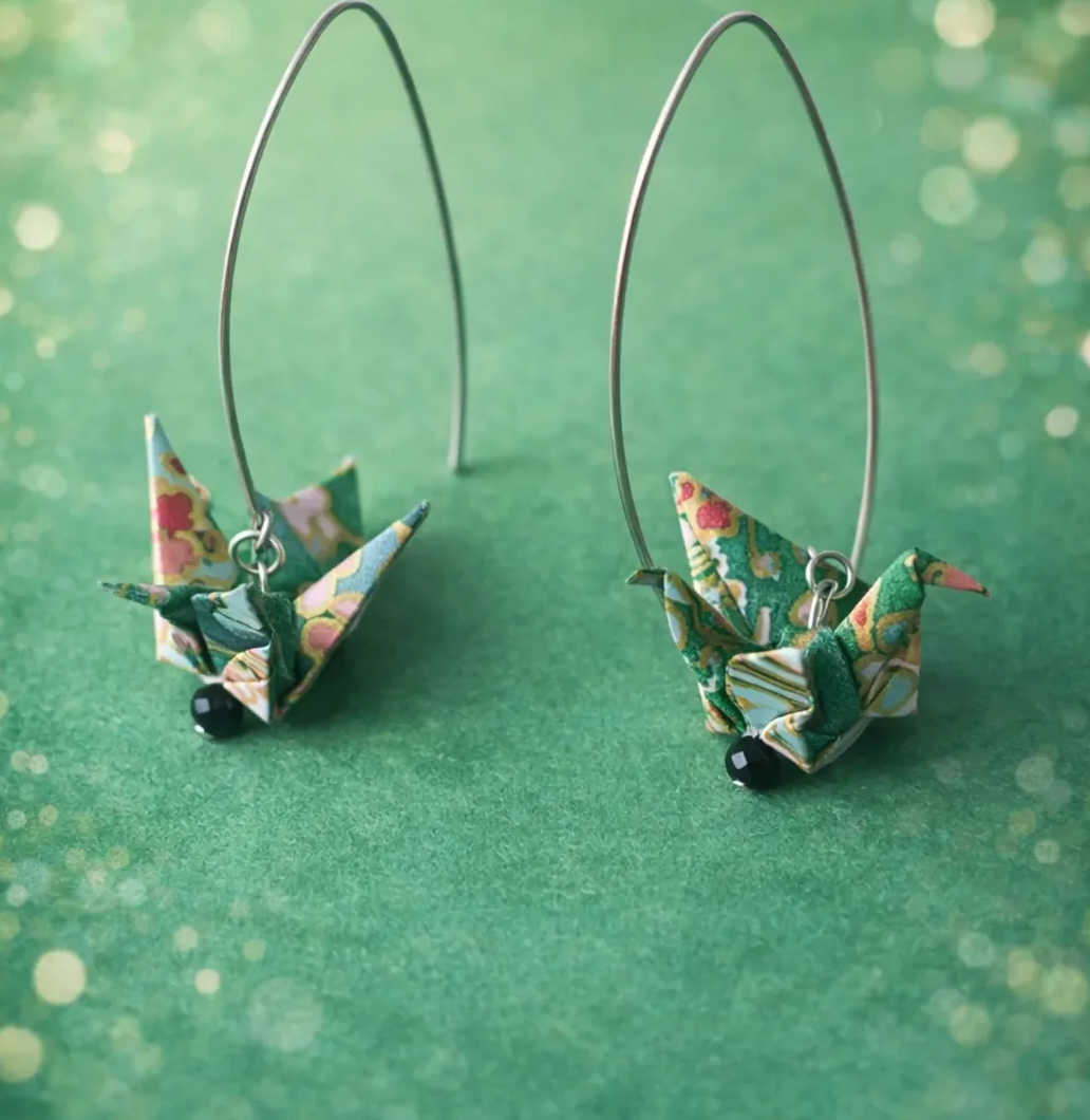 Secret Garden in Bloom origami crane earrings